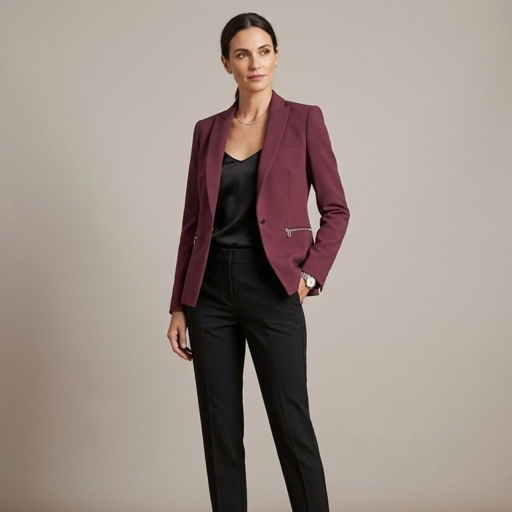 Veronica Beard Scuba Blazer Burgundy Red Single Button Zip Pocket Jacket Size 4